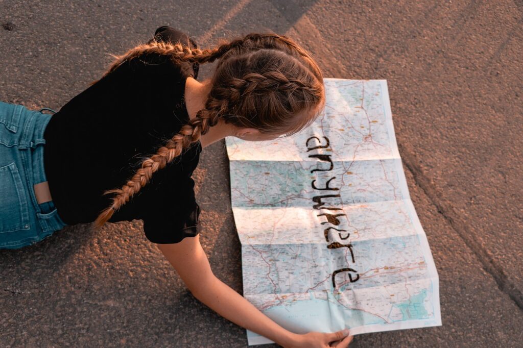 girl, woman, hair, braids, map of the world, street map, long hair, blond, travel, atlas, map, treasure map, road, map, map, map, map, map