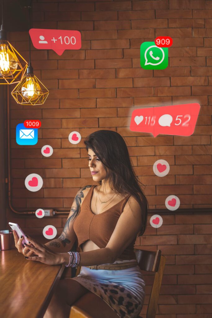Woman using smartphone in cafe with social media notifications around. How to Choose the Right Digital Marketing Services for Small Business How to Become a Digital Creator